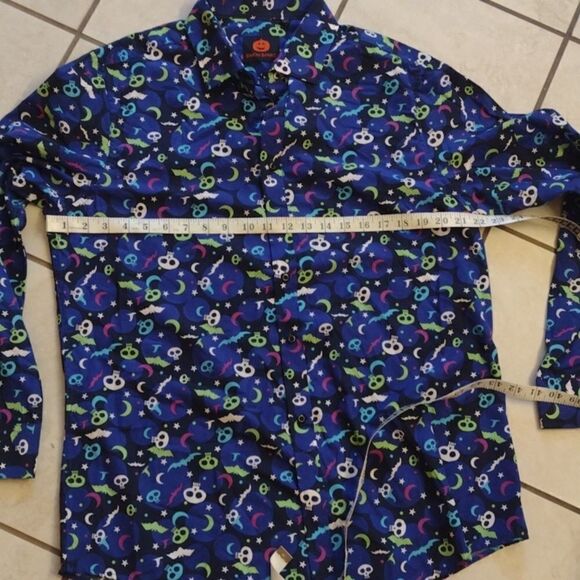 NWOT Simon Banks Halloween buttondown longsleeve shirt blue skull moon print L - Picture 6 of 9